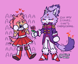 Size: 1600x1317 | Tagged: safe, artist:vilegato, amy rose, blaze the cat, amy x blaze, amybetes, blazeabetes, dialogue, duo, duo female, english text, eyes closed, female, fire, heart, holding something, lesbian, pink background, rose, shipping, simple background, smile