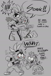 Size: 1600x2360 | Tagged: safe, artist:vilegato, amy rose, surge the tenrec, 31 days sonic, amy mistaking everyone for sonic, blushing, dialogue, duo, duo female, english text, exclamation mark, females only, frown, grey background, greyscale, lesbian, shipping, simple background, smile, surgamy, this won't end well, wagging tail