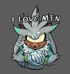 Size: 1000x1068 | Tagged: safe, artist:vilegato, silver the hedgehog, hedgehog, bust, chest fluff, english text, evil scheming, fangs, gay, grey background, hands together, looking offscreen, male, shrunken pupils, signature, simple background, smile, solo, solo male, this will end in property damage, yellow sclera