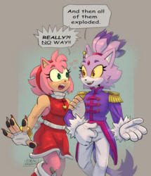Size: 1280x1490 | Tagged: safe, artist:vilegato, amy rose, blaze the cat, abstract background, amy x blaze, blushing, claws, dialogue, duo, duo female, english text, female, fingerless gloves, heart, implied murder, lesbian, linking arms, looking at each other, mouth open, shipping, walking, yellow sclera