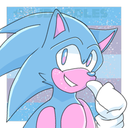 Size: 1000x1000 | Tagged: safe, artist:xxsjdoodlesxx, sonic the hedgehog, clenched teeth, limited palette, looking at viewer, male, modern sonic, pride flag background, semi-transparent background, smile, solo, solo male, standing, thumbs up, trans pride, watermark
