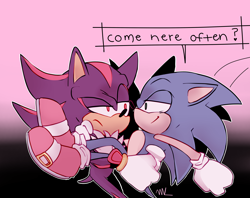 Size: 2900x2300 | Tagged: safe, artist:yumelagro, shadow the hedgehog, sonic the hedgehog, 2020, arm around shoulders, carrying them, clenched fist, dialogue, duo, duo male, english text, frown, gay, gradient background, looking at each other, male, males only, outline, raised eyebrow, shadow x sonic, shipping, signature, smile