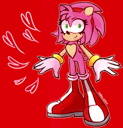 Size: 2500x2600 | Tagged: safe, artist:yumelagro, amy rose, hedgehog, claws, eyelashes, female, heart, heart chest, looking at viewer, natural alt, natural amy rose, outline, red background, redesign, signature, simple background, smile, solo, solo female, standing