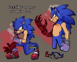 Size: 1600x1290 | Tagged: safe, artist:vilegato, sonic the hedgehog, sonic frontiers, abstract background, clenched teeth, corruption, duality, english text, frown, kneeling, looking offscreen, looking up, male, modern sonic, one eye closed, one fang, pain, signature, solo, solo male, standing, sweatdrop, top surgery scars, trans male, transgender