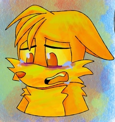Size: 1351x1433 | Tagged: safe, artist:seagull-scribbles, miles "tails" prower, abstract background, bust, crying, floppy ears, lidded eyes, limited palette, looking down, mouth open, one fang, sad, shoulder fluff, solo, tears, tears of sadness