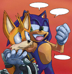 Size: 1981x2048 | Tagged: safe, artist:seagull-scribbles, miles "tails" prower, nine, sonic the hedgehog, sonic prime, arm around shoulders, arm fluff, duo, duo male, gradient background, lidded eyes, looking at each other, male, males only, mouth open, one fang, shoulder fluff, smile, speech bubble, standing, talking