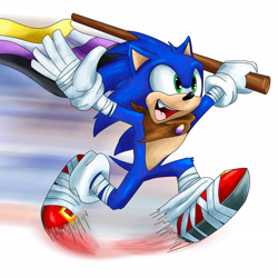 Size: 2048x2048 | Tagged: safe, artist:seagull-scribbles, sonic the hedgehog, headcanon, holding something, leg fluff, looking ahead, mouth open, nonbinary, nonbinary pride, one fang, pride, pride flag, pride pin, running, simple background, smile, solo, sonic boom (tv), white background