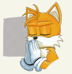 Size: 462x480 | Tagged: safe, artist:seagull-scribbles, miles "tails" prower, abstract background, animated, boi, bust, frown, gif, hands together, looking ahead, male, meme, mouth open, solo, solo male