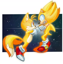Size: 2008x2047 | Tagged: safe, artist:seagull-scribbles, miles "tails" prower, sonic the hedgehog, super sonic, super tails, abstract background, clenched teeth, duo, duo male, flying, holding each other, looking at each other, male, males only, smile, star (sky), super form