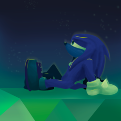Size: 2048x2048 | Tagged: safe, artist:seagull-scribbles, knuckles the echidna, abstract background, glowing, lidded eyes, looking up, male, master emerald, nighttime, no mouth, outdoors, sad, sitting, solo, solo male