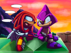 Size: 2048x1535 | Tagged: safe, artist:seagull-scribbles, espio the chameleon, knuckles the echidna, abstract background, blushing, clouds, duo, duo male, fangs, gay, knuxio, looking at each other, male, males only, master emerald, mountain, mouth open, shipping, sitting, smile, speech bubble, sunset, talking