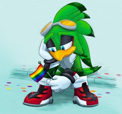 Size: 2048x1915 | Tagged: safe, artist:seagull-scribbles, jet the hawk, abstract background, blushing, confetti, flag, frown, head rest, holding something, looking at something, male, pride, sad, sitting, solo, solo male