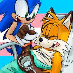 Size: 2048x2048 | Tagged: safe, artist:seagull-scribbles, miles "tails" prower, sonic the hedgehog, duo, excited, eyes closed, female, holding hands, hospital bed, looking at them, male, mouth open, older, one fang, pride flag background, smile, trans female, trans girl tails, transgender