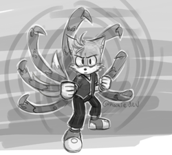 Size: 693x624 | Tagged: safe, artist:hooxiedev, miles "tails" prower, nine, sonic prime, 2023, abstract background, clenched fists, frown, greyscale, looking ahead, male, monochrome, outline, signature, solo, solo male, standing