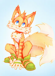 Size: 1627x2264 | Tagged: safe, artist:ritsuxz, mangey, miles "tails" prower, sonic prime, 2023, :3, bandage, crouching, cute, ear fluff, fangs, gradient background, looking up, smile, solo, tailabetes