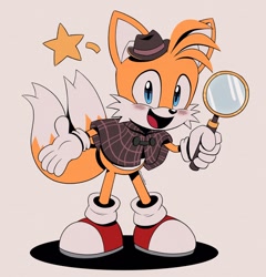 Size: 984x1024 | Tagged: safe, artist:thegaminggoru, miles "tails" prower, the murder of sonic the hedgehog, magnifying glass, simple background, solo