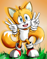Size: 640x800 | Tagged: safe, artist:kugawattan, miles "tails" prower, double v sign, gradient background, grass, looking at viewer, male, mouth open, posing, redraw, shadow the hedgehog (video game), smile, solo, solo male, standing