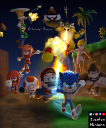 Size: 2500x3000 | Tagged: safe, artist:jocelynminions, amy rose, knuckles the echidna, miles "tails" prower, robotnik, sonic the hedgehog, sonic the hedgehog (2020), sonic the hedgehog 2 (2022), bowser, crossover, donkey kong, group, luigi, mario, princess peach, super mario bros. movie (2023), toad