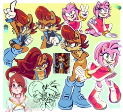 Size: 2048x1862 | Tagged: safe, artist:loopbunnysart, amy rose, fiona fox, princess elise, sally acorn, amy's halterneck dress, group, reference inset, sally's ringblader outfit, sally's vest and boots