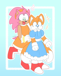 Size: 1638x2048 | Tagged: safe, artist:charmallows, amy rose, miles "tails" prower, :3, abstract background, amybetes, border, cute, dress, duo, earring, eyelashes, female, genderfluid, heart tongue, looking at something, looking at them, mouth open, outline, smile, standing, standing on one leg, tailabetes, trans female, transgender, wagging tail