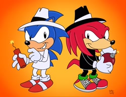 Size: 2048x1582 | Tagged: safe, artist:slysonic, knuckles the echidna, sonic the hedgehog, bomb, crossover, duo, dynamite, gradient background, greg martin style, mad magazine, spy vs spy