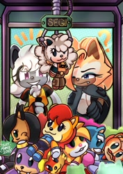 Size: 736x1041 | Tagged: safe, artist:just_marcyart, antoine d'coolette, bunnie rabbot, lanolin the sheep, maximillian acorn, nicole the hololynx, rotor walrus, sally acorn, tangle the lemur, uncle chuck, whisper the wolf, character doll, cover art, crane game, duo, stuffed animal