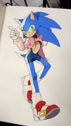Size: 1152x2048 | Tagged: safe, artist:indigonite0, sonic the hedgehog, blushing, bodysuit, clenched teeth, cropped hoodie, looking at viewer, male, modern sonic, pointing, smile, solo, solo male, traditional media, walking