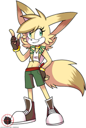 Size: 487x722 | Tagged: source needed, safe, artist:jaegerrbomb, oc, blue eyes, brown fur, clenched teeth, cream fur, crop top, eyelashes, female, fennec, fingerless gloves, hand on hip, pointing, shoes, shorts, smile, solo, standing, transparent background, unknown oc