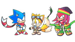 Size: 640x360 | Tagged: artist needed, safe, knuckles the echidna, miles "tails" prower, sonic the hedgehog, aviator jacket, beanie, black gloves, brown shoes, cute, goggles, goggles on head, knucklebetes, looking at viewer, looking offscreen, male, males only, mouth open, redesign, scarf, simple background, smile, sonabetes, standing, tailabetes, trio, trio male, white background