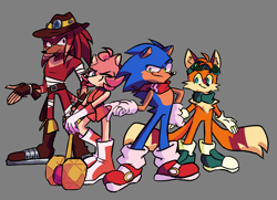Size: 2536x1832 | Tagged: safe, artist:thundderart, amy rose, knuckles the echidna, miles "tails" prower, sonic the hedgehog, bandage, ear fluff, fingerless gloves, frown, grey background, group, hat, looking at viewer, piko piko hammer, redesign, scarf, simple background, smile, standing, wink
