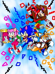 Size: 1536x2048 | Tagged: safe, artist:meelowsh1, amy rose, knuckles the echidna, miles "tails" prower, sonic the hedgehog, sonic heroes, abstract background, aviator jacket, bandana, blue shoes, dress, female, freckles, goggles, goggles on head, group, hat, looking at viewer, male, mid-air, mouth open, one fang, piko piko hammer, poncho, redesign, smile, v sign