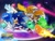 Size: 2048x1536 | Tagged: safe, artist:meelowsh1, miles "tails" prower, sonic the hedgehog, wisp, yacker, abstract background, flying, group, logo, looking ahead, modern sonic, modern tails, mouth open, one fang, redraw, smile, sonic colors ultimate