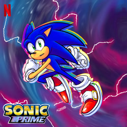 Size: 1080x1080 | Tagged: safe, artist:meelowsh1, sonic the hedgehog, sonic prime, abstract background, clenched fists, clenched teeth, electricity, english text, glitch, logo, looking at viewer, male, modern sonic, mouth open, netflix logo, running, signature, solo, solo male