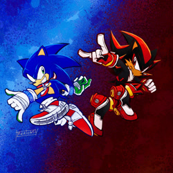 Size: 1080x1080 | Tagged: safe, artist:meelowsh1, shadow the hedgehog, sonic the hedgehog, sonic adventure 2, abstract background, bandage, bandana, cheek fluff, clenched teeth, duo, duo male, frown, horn sign, looking at each other, male, males only, modern sonic, redesign, redraw, signature, smile