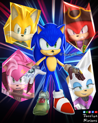 Size: 2400x3000 | Tagged: safe, artist:jocelynminions, amy rose, knuckles the echidna, miles "tails" prower, nine, rouge the bat, sonic the hedgehog, thorn rose, sonic prime, abstract background, clenched teeth, female, group, knuckles the dread, male, shattered crystal, signature, smile, speedpaint in description, standing
