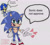 Size: 2048x1859 | Tagged: safe, artist:aura-can-draw, sonic the hedgehog, bisexual, blushing, cheek fluff, dialogue, english text, grey background, heart, male, meme, modern sonic, mouth open, redraw, reference inset, signature, simple background, solo, solo male, sonic does not approve, speech bubble, standing, top surgery scars, traditional media, trans male, transgender