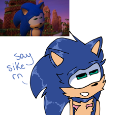 Size: 2048x1859 | Tagged: safe, artist:aura-can-draw, sonic the hedgehog, sonic prime, cheek fluff, clenched teeth, dialogue, english text, faic, looking up, male, modern sonic, redraw, reference inset, simple background, smile, solo, solo male, standing, top surgery scars, trans male, transgender, white background