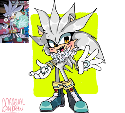 Size: 2048x1859 | Tagged: safe, artist:aura-can-draw, silver the hedgehog, abstract background, blushing, chest fluff, eyelashes, fangs, looking offscreen, male, mouth open, neck fluff, redraw, reference inset, signature, smile, solo, solo male, standing