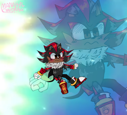 Size: 2048x1859 | Tagged: safe, artist:aura-can-draw, shadow the hedgehog, abstract background, arms out, blushing, frown, looking ahead, male, mid-air, neck fluff, signature, solo, solo male, super mario galaxy