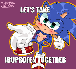 Size: 2048x1859 | Tagged: safe, artist:aura-can-draw, sonic the hedgehog, blushing, clenched fist, english text, ibuprofen, looking at viewer, male, meme, outline, pout, purple background, reaching towards the viewer, signature, simple background, smile, solo, solo male, top surgery scars, trans male, transgender