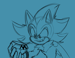 Size: 1140x880 | Tagged: safe, artist:sh4rpenedf4ngz, shadow the hedgehog, sonic prime, blue background, chaos emerald, clenched teeth, looking at something, male, monochrome, one fang, redraw, simple background, sketch, smile, solo, solo male, standing