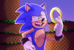 Size: 2039x1377 | Tagged: safe, artist:weirdozjunkary, sonic the hedgehog, green hill zone, sonic prime, abstract background, chest fluff, hand on hip, holding something, looking at something, male, modern sonic, mouth open, one fang, redraw, ring, shoulder fluff, smile, solo, solo male, standing, top surgery scars, trans male, transgender