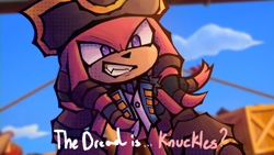Size: 1366x768 | Tagged: safe, artist:purpleleafsyt, knuckles the echidna, sonic prime, abstract background, clenched teeth, dialogue, english text, fangs, knuckles the dread, looking at viewer, male, offscreen character, redraw, smile, solo, solo male, standing