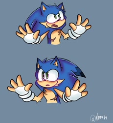 Size: 1890x2048 | Tagged: safe, artist:doggoboi33, sonic the hedgehog, sonic prime, arms up, blue background, bust, cheek fluff, chest fluff, duality, ear fluff, fingerless gloves, looking offscreen, male, modern sonic, mouth open, redraw, signature, simple background, solo, solo male, top surgery scars, trans male, transgender