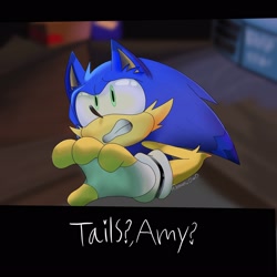 Size: 2048x2048 | Tagged: safe, artist:doggoboi33, sonic the hedgehog, sonic prime, arm fluff, cheek fluff, dialogue, ear fluff, english text, fingerless gloves, implied amy, implied tails, looking up, male, modern sonic, redraw, scared, signature, solo, solo male, standing, trans male, transgender