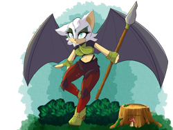 Size: 640x480 | Tagged: safe, artist:aufurmegan, rouge the bat, sonic prime, crop top, female, fingerless gloves, frown, grass, holding something, looking offscreen, prim rouge, semi-transparent background, solo, solo female, spear, standing on one leg, tree stump