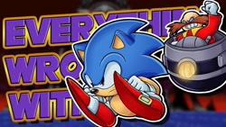 Size: 1280x720 | Tagged: safe, artist:chariii5, robotnik, sonic the hedgehog, hedgehog, human, sonic spinball, abstract background, angry, classic sonic, clenched fists, duo, duo male, english text, everything wrong with, frown, looking offscreen, male, males only, outline, youtube thumbnail