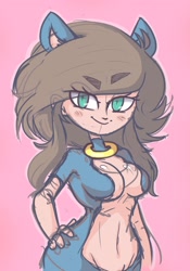 Size: 1437x2048 | Tagged: suggestive, artist:radicalsoda, sonic the hedgehog, oc, oc:poppy (radicalsoda), human, 2017, barely sonic related, blushing, breasts, cleavage, cosplay, eyebrows clipping through hair, female, green eyes, hand on hip, hedgehog ears, looking at viewer, pink background, ring, simple background, sketch, smile, solo, solo female, standing