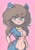 Size: 1437x2048 | Tagged: suggestive, artist:radicalsoda, sonic the hedgehog, oc, oc:poppy (radicalsoda), human, 2017, barely sonic related, blushing, breasts, cleavage, cosplay, eye clipping through hair, eyebrows clipping through hair, female, green eyes, hand on hip, hedgehog ears, looking at viewer, pink background, ring, simple background, sketch, smile, smiling at viewer, solo, solo female, standing