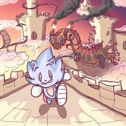 Size: 2048x2048 | Tagged: safe, artist:radicalsoda, sonic the hedgehog, abstract background, castle, clenched teeth, clouds, cute, dragon, duo, escaping, fire, genderless, male, robot, running, running towards viewer, scared, sketch, smoke, solo focus, sonabetes, sunset